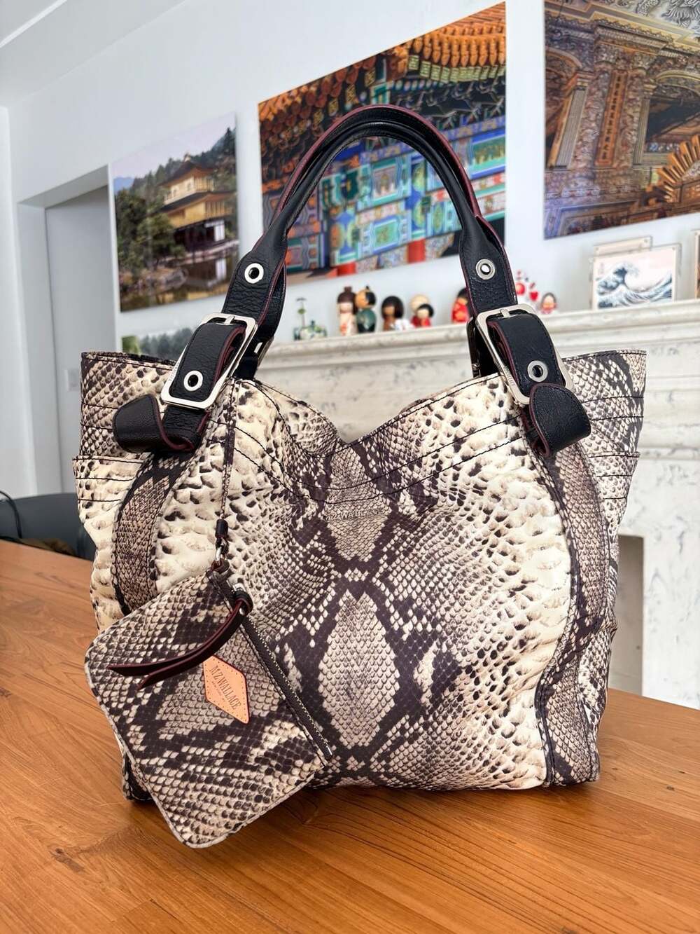 MZ Wallace Snakeskin Print Nylon Hobo Bag with Detachable Pouch